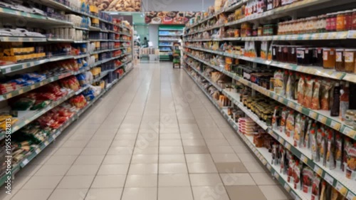 Shopping in a grocery store aisle with many products on shelves at a busy time