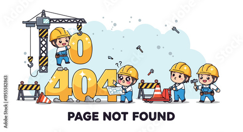 Illustration of three cartoon construction workers building a large 404 error message with a crane and roadblock in a playful, cartoonish scene.