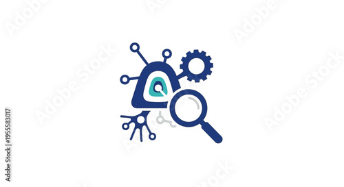 Abstract illustration of a neural network with gears and magnifying glass on white background
