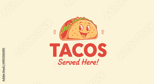 Cheerful Taco Mascot Logo with Red Text and Served Here Slogan on Beige Background.