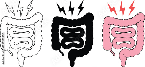 Set of three minimalist human brain icons with pain symbols for neurology migraine headache health education and medical research concepts isolated on white.