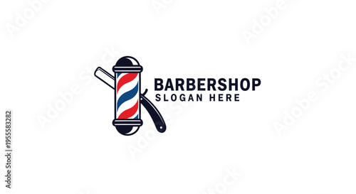 Classic barbershop logo design with barber pole and razor illustration.