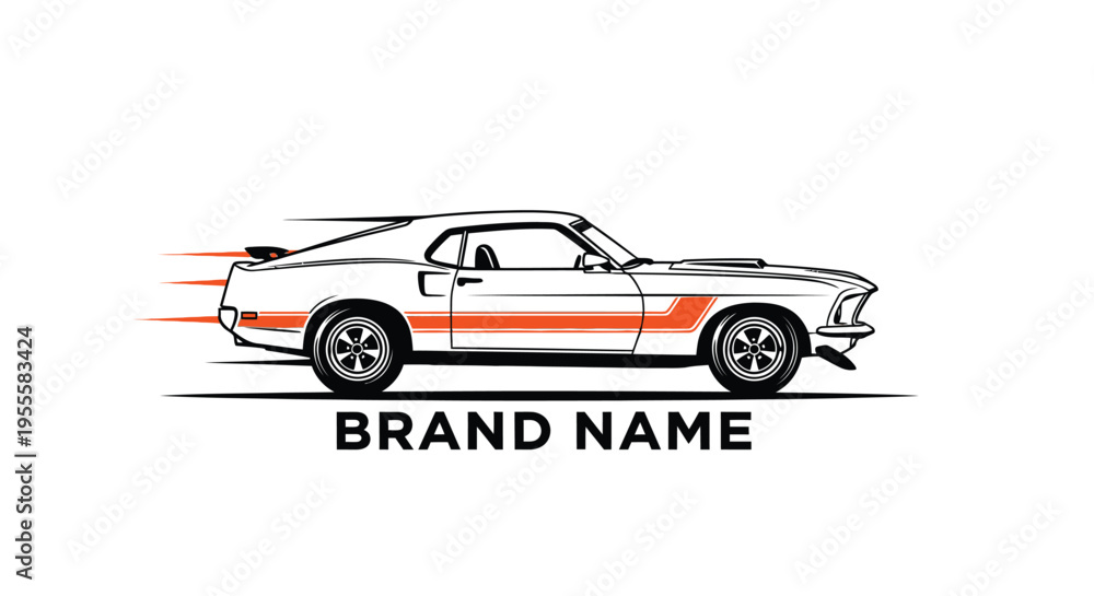 Fototapeta premium Classic muscle car speeding with orange stripe and brand name logo.