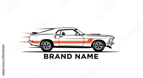 Classic muscle car speeding with orange stripe and brand name logo.