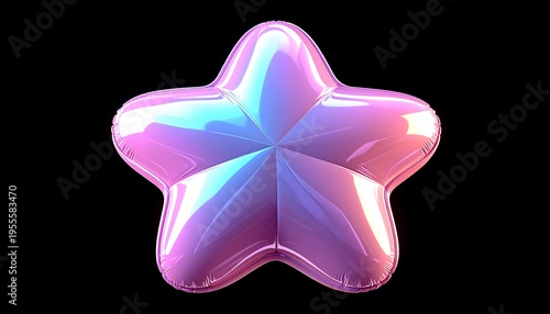 Glossy Iridescent Star Balloon Isolated on Black Background - Vibrant 3D Metallic Foil Holographic Party Decoration Icon