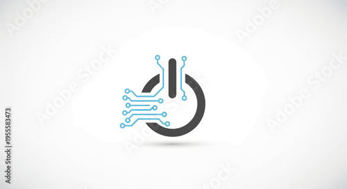 Minimalistic Power Button Icon Infused with Circuit Board Elements on White Background