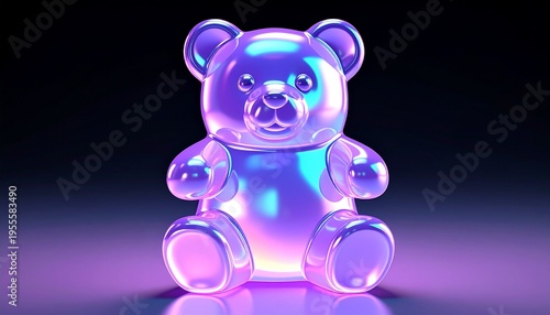 Glowing Iridescent Translucent Gummy Bear 3D Illustration on Dark Background