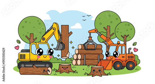 Cartoon illustration of excavator and tractor working in forest with trees and logs under blue sky with birds flying overhead.