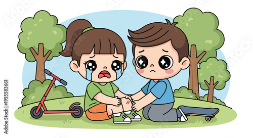 Cartoon illustration of a sad boy and girl sitting on grass in a park holding hands with a scooter and skateboard nearby.