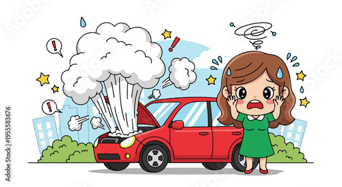 Cartoon woman in green dress shocked by exploding red car with smoke and stars in city background.