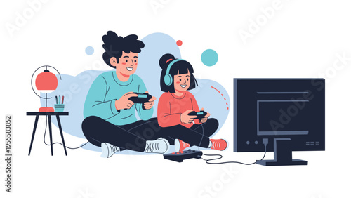 Two young siblings sitting on the floor and having fun while playing video games together on a large television screen at home.