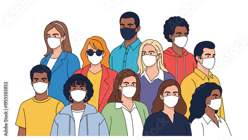 Large group of diverse people from various backgrounds wearing protective face masks for health and safety in a public setting.