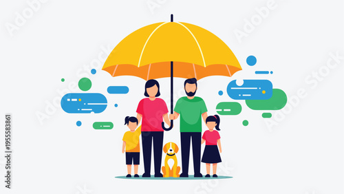 Happy family with two children and a dog standing safely under a large yellow umbrella symbolizing protection and insurance.