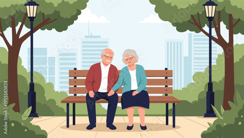 Happy elderly man and woman sitting together on a wooden park bench with a large city skyline and green trees in the background.