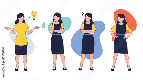 Professional woman showing different poses and expressions including thinking, having an idea, and being confident or puzzled.
