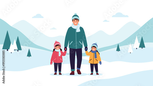 Father walking with his two young daughters in a beautiful snowy winter landscape with mountains, enjoying a family holiday outdoors.