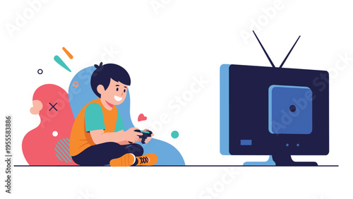 Young boy sitting on the floor and playing video games with a controller, looking happy and focused on the screen in a home environment.