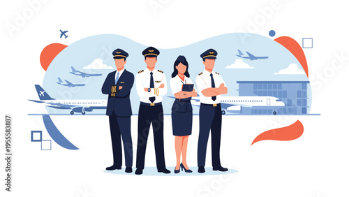 Professional airline crew members including pilots and a flight attendant standing confidently at an airport with planes and terminals.