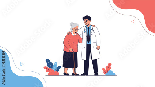 Compassionate male doctor in a white coat supporting an elderly woman with a walking stick, providing medical care and assistance at a clinic.