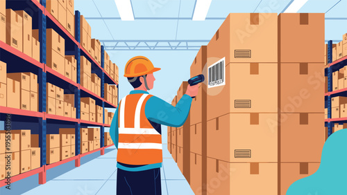 Logistics worker wearing a hard hat and safety vest scanning a barcode on a box with a handheld device in a large and organized warehouse.