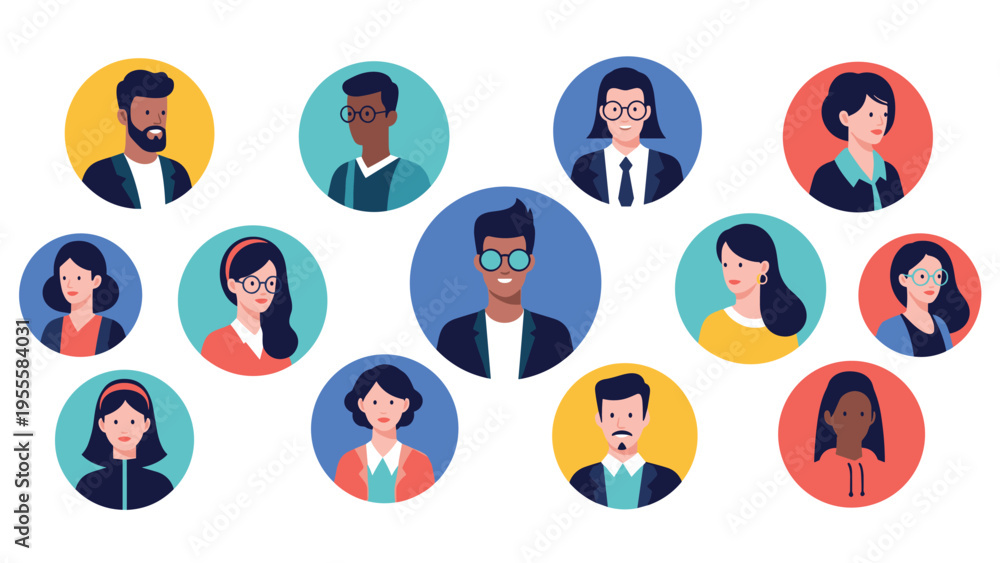 Fototapeta premium Diverse set of people avatars in colorful circular frames, representing a global community, social network, and inclusive human connection.