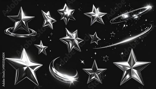 Futuristic Chrome 3D Star Set with Silver Crescent Moon and Planetary Rings, Metallic Celestial Icons for Y2K Aesthetic and Digital Graphic Design