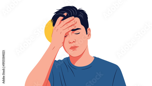 Young man feeling stressed and overwhelmed with his hand on his forehead and eyes closed, illustrating a headache or mental exhaustion.