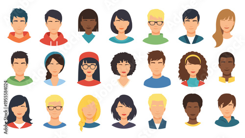 Wide collection of flat avatar icons for men and women with different hairstyles and accessories for use in web design and social apps.