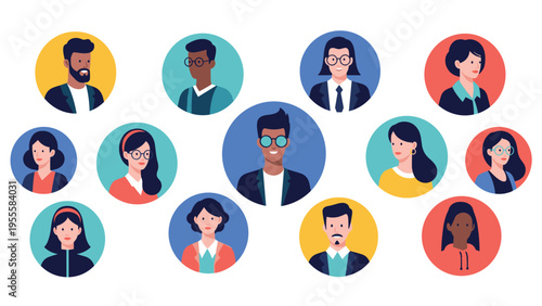 Diverse set of people avatars in colorful circular frames, representing a global community, social network, and inclusive human connection.