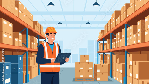 Warehouse supervisor using a digital tablet to monitor inventory while standing in a large storage facility with rows of storage boxes.