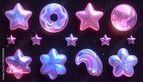 Set of 3D Iridescent Glossy Glass Shapes, Purple and Pink Glowing Stars, Spheres, and Abstract 3D Icons for Cosmic Creative Design