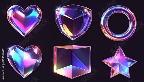 3D Iridescent Glass Geometric Shapes Collection with Hearts Cube Star and Torus on Dark Background
