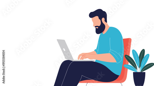 Professional man with a beard sitting comfortably in a modern chair while working on a laptop computer against a plain white background.
