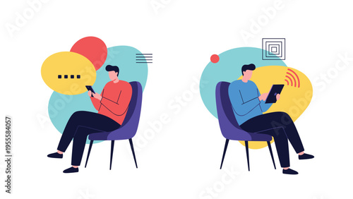 Two men sitting in chairs and using their electronic devices including a smartphone and a tablet with abstract colorful shapes behind them.