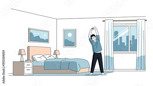 Healthy young man stretching his arms and body in a bright and cozy bedroom after waking up in the morning to start his daily routine.