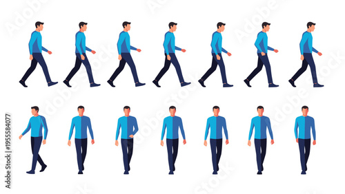 Illustration showing a man in a blue sweater and dark pants walking from both side and front views as part of a character animation set.