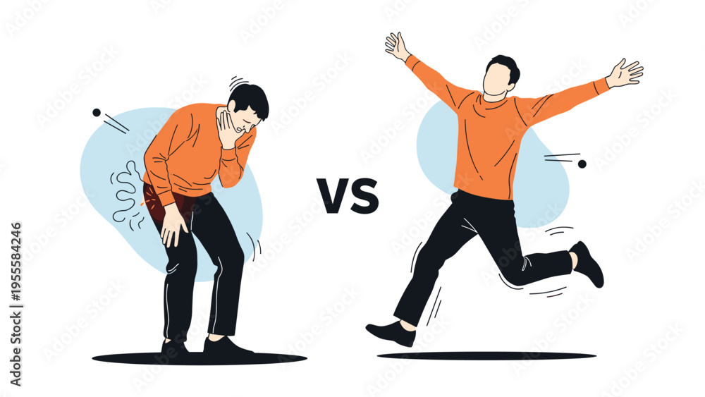 Fototapeta premium Comparison between an unhealthy man suffering from pain and a healthy man jumping with joy to represent recovery and wellness after treatment.