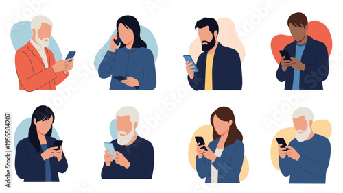 Set of eight diverse people of various ages and backgrounds using their smartphones for calling, texting, and browsing the internet at home.