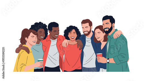 Group of diverse friends standing together and laughing while sharing a happy moment and holding drinks during a social gathering or a party.