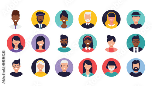 Diverse collection of eighteen round avatar icons showing people of different ages, ethnicities, and professions for web or mobile app design.