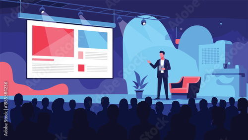 Professional speaker giving a keynote presentation to a large audience sitting in a dark theater while a large screen shows various slides.