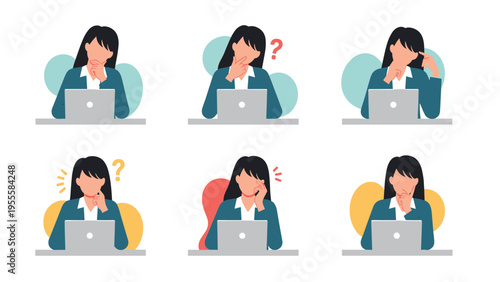 Series of illustrations showing a businesswoman at a laptop with various thinking and confused expressions while trying to solve a problem.
