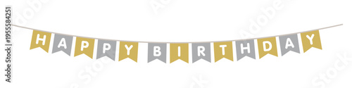 Gold and silver happy birthday bunting banner with metallic style flags