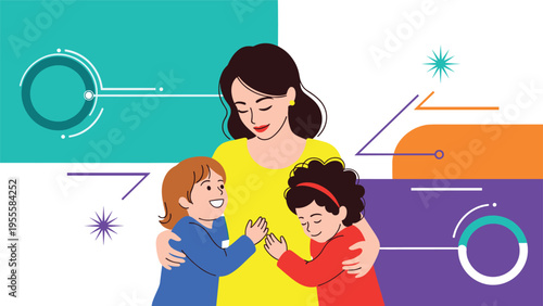 Loving mother embracing her two young children with a warm hug against a modern abstract background with various shapes and bright colors.
