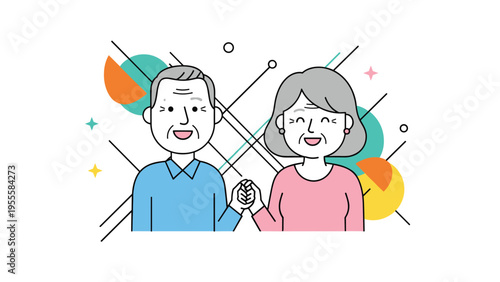 Happy elderly couple holding hands and smiling warmly while standing together against a white background with abstract geometric patterns.