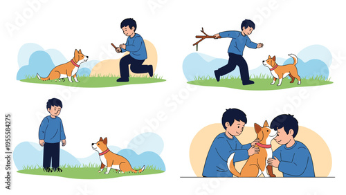 Sequence of four illustrations showing a young boy happily playing with his small dog in a green park by throwing a stick for it to fetch.