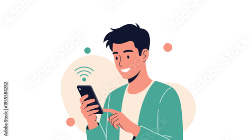 Happy young man using a smartphone and smiling as a Wi-Fi symbol appears next to him indicating a strong wireless internet connection signal.