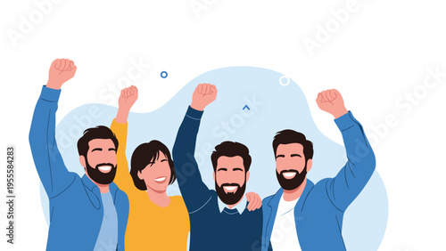 Small group of four cheerful people wearing casual blue and yellow clothing and raising their fists in the air to celebrate a victory together.