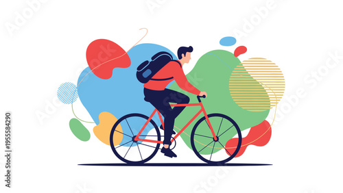 Young man with a backpack riding a bicycle on a white background with colorful abstract shapes representing mobility and freedom.