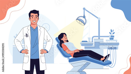 Friendly professional dentist standing in his office while a young female patient rests in the dental chair for a checkup.